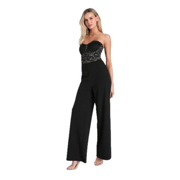NWT Lulus | Sultry Prose Black Lace Strapless Bustier Wide-Leg Jumpsuit | Small - Picture 4 of 15